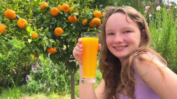 La fille boit du jus d'orange sur le fond d'un mandarinier, il peut s'agir de jus d'orange mandarine mangue qu'elle boit avec gourmandise et aime vraiment le jus délicieux partout verts et été — Video
