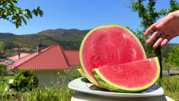 Cut watermelon lies against the backdrop of mountains and nature hand female hand takes a piece and takes it from the plate — Stock Video