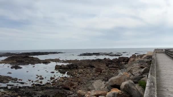 La ragazza cammina sullo sfondo dell'Oceano Atlantico, i suoi capelli si stanno sviluppando. Lei è vestita con una giacca bianca. Il tempo è freddo. veterani. — Video Stock