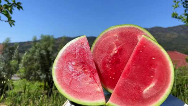 Mot bakgrund av berg och en blå himmel ligger en skuren vattenmelon i tre delar med en närbild — Stockvideo