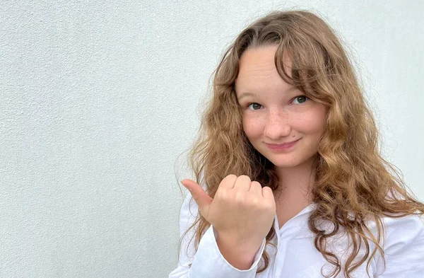 Girl White Background White Blouse Fair Haired Shows Different Cheerful — Stock Photo, Image