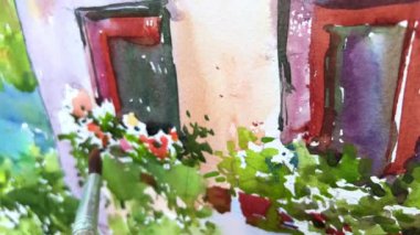 Sanatçı, pencerenin yanındaki evin resmini çizer. Evin çiçekleri farklı renklerde büyür. Evin arkasında bir sürü parlaklık ve güzellik vardır.