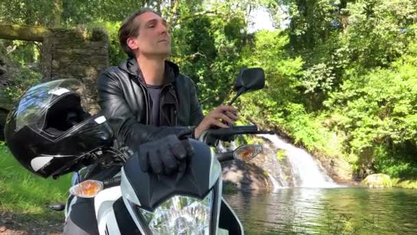 Adult Man Years Old Sits Sky Motorcycle Looks Distance White — Stock Video
