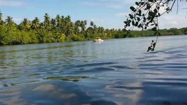 川や湖の上に白いボートが浮かんでいるこのときカメラはそれによって浮かび上がります 高品質のフルHd映像 — ストック動画