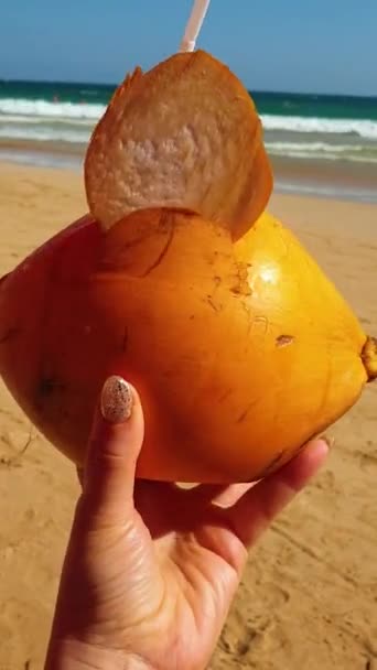 Kokosový Ořech Ruce Otáčí Před Kamerou Žlutou Barvu Uši Jako — Stock video