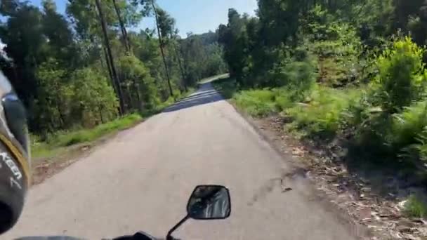 那家伙在骑摩托车 头盔在视频的左边是可见的 有时方向盘和道路是可见的 有一个文字的地方 从后面射击 — 图库视频影像