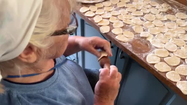 奶奶带着爱心准备饺子80年了 她是家里的守护神 她穿着一条白色的围巾和一件蓝色的夹克 坐在厨房里 做饺子和饺子 — 图库视频影像