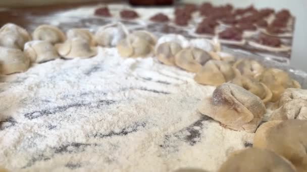 Sculpts Dumplings Puts Them Wooden Table Lot Them Appetizing Flour — Stock Video