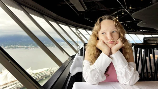 Young Teenage Girl Sits Window Revolving Restaurant Sad She Sad — Stock fotografie