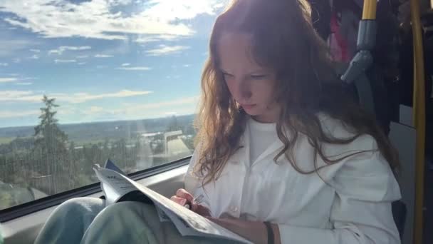 European Girl White Shirt Rides Skytrain Teenage Girl Does Her — Stockvideo