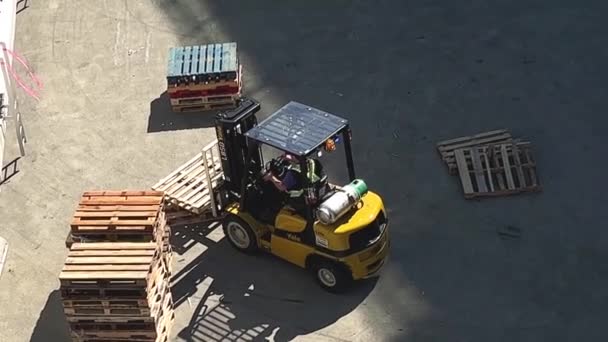 Small Construction Machine Carrying Wooden Blocks Presentation Place Place Video — Stockvideo