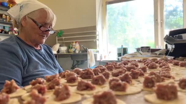 Una Nonna Gentile Una Camicetta Blu Una Sciarpa Bianca Cucina — Video Stock