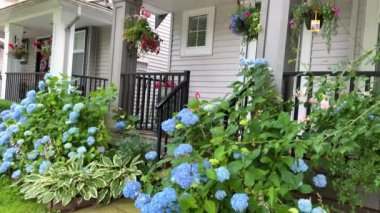 Surrey 'de harika bir peri masalı evi. Kanada' nın Vancouver şehrinin yakınlarında. Girişinde parlak mavi renkler var. Ahşap duvarlar.
