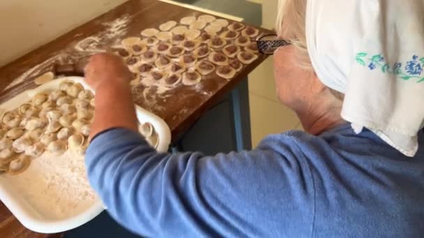 80年の愛を持って祖母は家族の守護者である餃子を準備し 白いスカーフと青いジャケットを着て 彼女は台所に座って 餃子と餃子の揺れを彫刻します — ストック動画