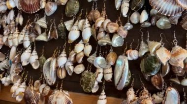 earrings and various jewelry made from real ocean shells They hang on the counter sparkling in different colors also gold trim at Ocean Vancouver Canada Goats on the roof country market in Coombs.