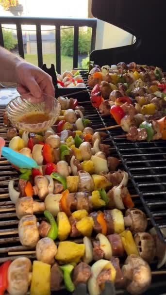 Delicious Kebab Lots Vegetables Chicken Pork Fried Barbecue Grill Turn — Wideo stockowe