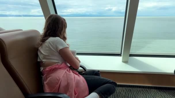 Teenage Girl Sits Ferry Looks Out Window Ferry Sails Canada — Video Stock