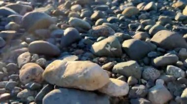 the camera slowly floats over the rocky beach of the Pacific ocean showing each stone for any background For the text of the advertisement music for relaxation Parksville beach Surfside RV resort.