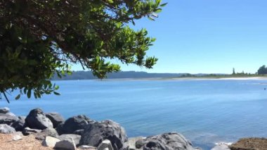 landscape postcard lake or sea or bay on the left side of the tree below large stones on horizon you can see mountains can be an offer for a trip from a tour operator or a vacation in the countryside