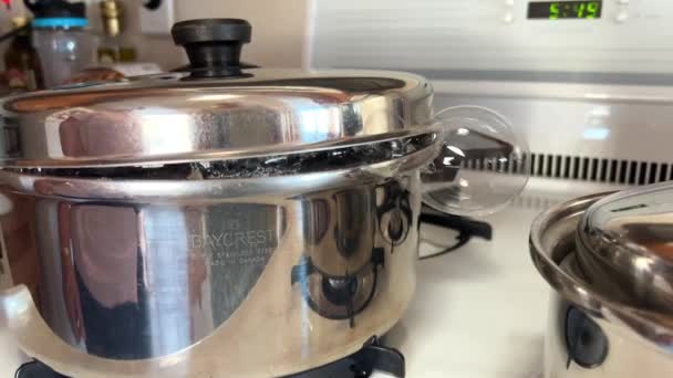 Stainless Steel Saucepan Stove Potatoes Boiled Steam Comes Out Water — Video Stock