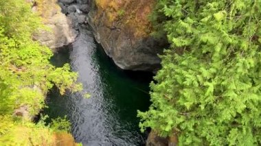 You can see a bright blue river that flows from a beautiful waterfall Englishman river falls park Parksville Qualicum Vancouver Island Canada. High quality photo