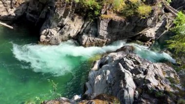Traditional territory of the Kwalikum First Nation Little Qualicum Falls Provincial Park Clean clear and cold water Waterfall and Forest River The camera moves slowly Canada Vancouver Island.
