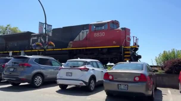 Shooting Window Car Passes Next Train Canada Surrey Red Cargo — Stockvideo