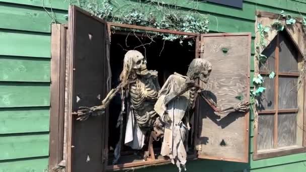 Wooden House Skeletons Look Out Window Look Right Left Hide — Vídeo de Stock