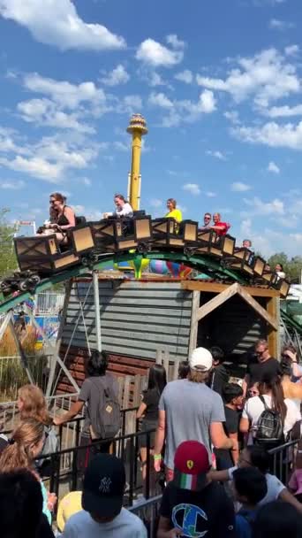 Roller Coaster Pleasure Park Children Adults Swings Attractions Evening Lights — Video