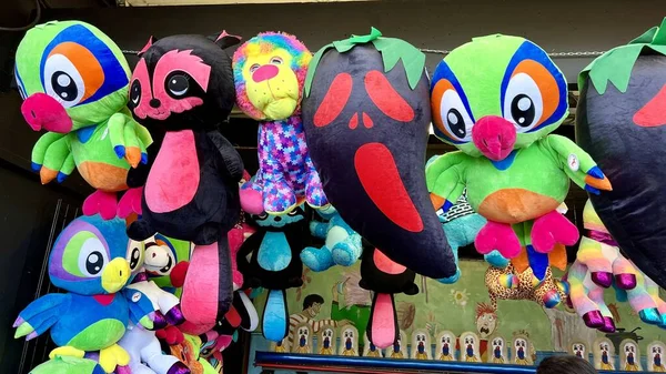 Amusement Parks Prizes Issued Winning Many Soft Toys Located Shelves — Stock Photo, Image