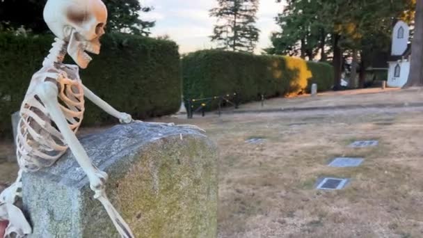Esqueleto Encuentra Cerca Lápida Aferra Ella Mira Hacia Abajo Cementerio — Vídeos de Stock