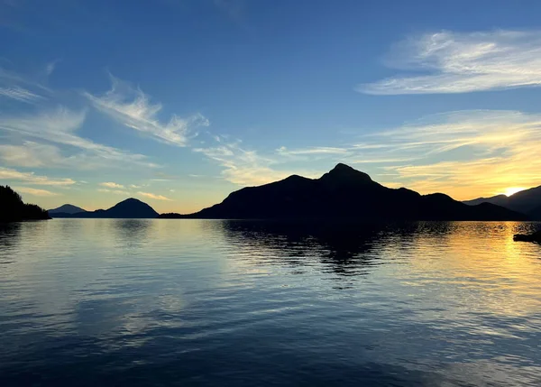 Background for travel travel agency Porteau Cove Provincial Park Sunset city immersed in water reflecting in the Pacific Ocean creating mirror image The camera moves slowly capturing beauty of nature