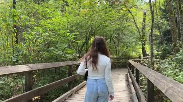 萨里郡的霸主地区公园年轻女子背对着摄像机沿着桥走着 她有一个小女人的黑色手提包 白色的翻领 蓝色的牛仔裤沿着一座古老的木桥走着 — 图库视频影像