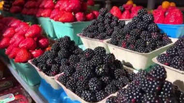 Çilek ahududu ve böğürtlen konteynırlarda pazarda.