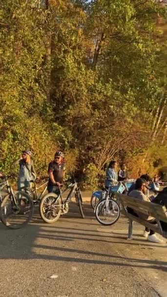 秋の大きな山と太平洋の人々が座っています彼らは自転車で旅行し 夕方に日没を待つ太陽は彼らの顔を照らすスタンレーパークバンクーバーカナダ08 2022 — ストック動画