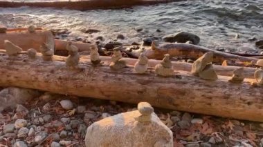 Taşlar okyanusun arka planına dizilmişti Stanley Park Vancouver Kanada Pasifik Okyanusu Pasifik Okyanusu 'nda sakin Pasifik Okyanusu' nda günbatımında Vancouver Kanada 'da
