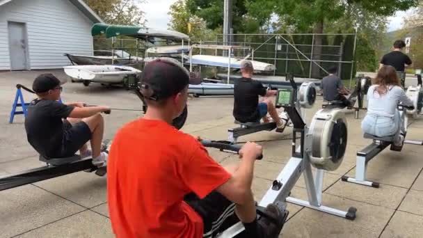 Rowing Classes Simulators Boys Girl Engaged Coach Walking Nearby Street — Stock Video