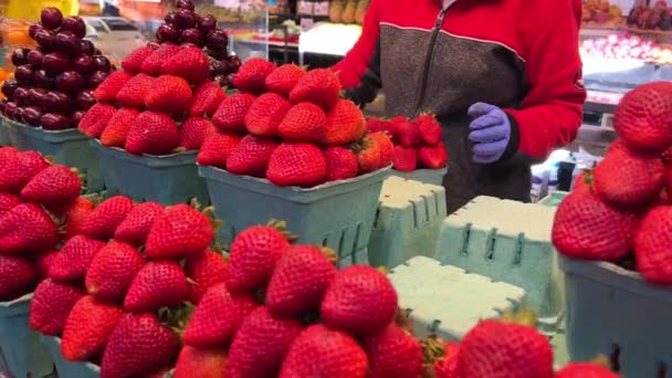 许多装有大量草莓的容器 草莓是一种广为流传的菊花属杂交种 高质量的4K镜头 — 图库视频影像