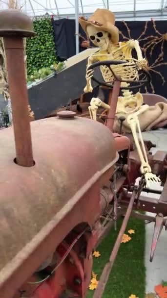 秋天的树叶和头顶的谷仓屋顶生锈的铁制拖拉机万圣节前夕人类骨骼的来龙去脉 — 图库视频影像