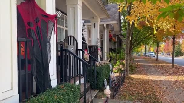 Fall Halloween Houses Decorated Holiday Camera Shoots Slowly Showing All — Stock Video