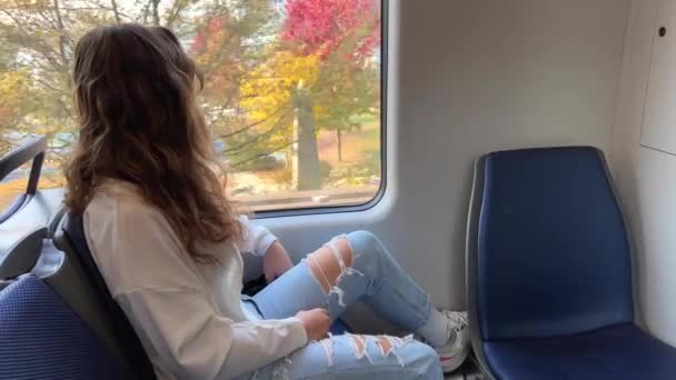 Ευρωπαϊκή Κοπέλα Ξανθά Μακριά Μαλλιά Λευκό Πουκάμισο Βόλτες Ένα Skytrain — Αρχείο Βίντεο