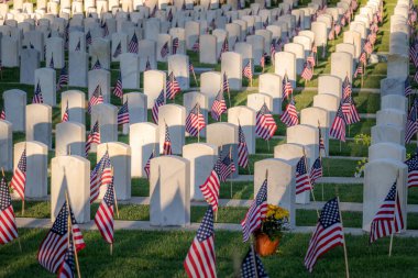 Anma Günü için bayraklarla süslenmiş askeri mezar taşları