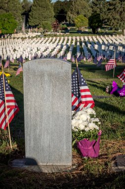 Anma Günü için bayraklarla süslenmiş askeri mezar taşları