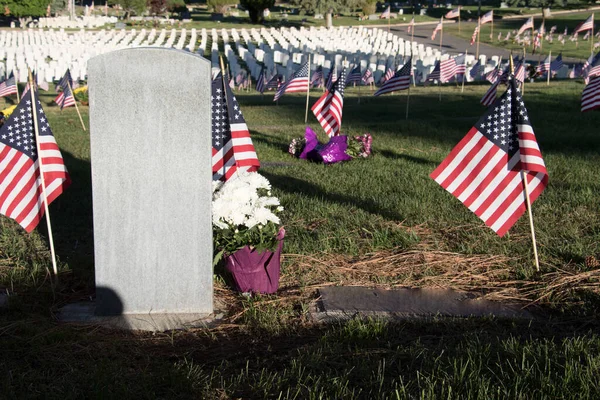 Anma Günü için bayraklarla süslenmiş askeri mezar taşları