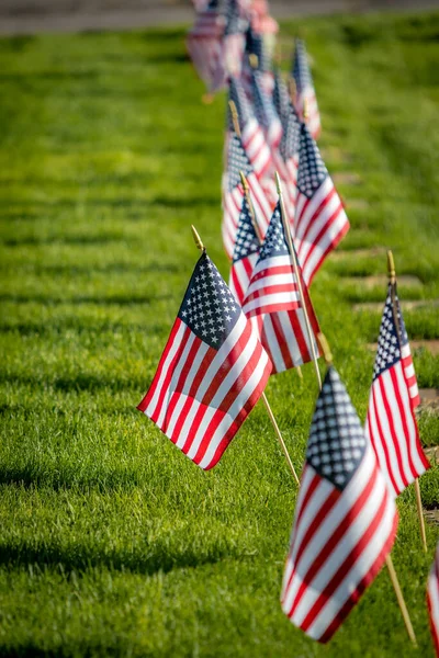 Katonai Sírkövek Tiszteletére Fegyveres Erők Katonái Díszített Amerikai Zászlók Memorial — Stock Fotó