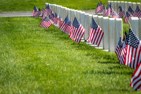 Katonai Sírkövek Tiszteletére Fegyveres Erők Katonái Díszített Amerikai Zászlók Memorial — Stock Fotó