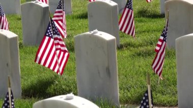 Anma Günü için mezarlıkta askeri mezar taşlarını süsleyen Amerikan Bayrakları