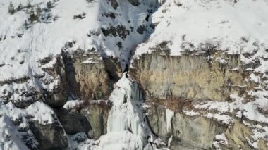 Drone Fly Down Frozen Ice Waterfall