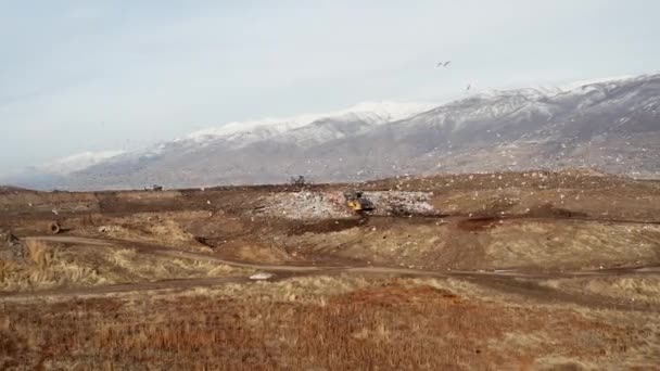 Volo Aereo Passato Discarica Discarica Con Uccelli Che Girano Bulldozer — Video Stock