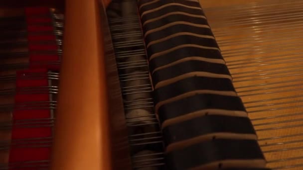 Close Piano Hammers Strike Piano Strings — Vídeo de Stock